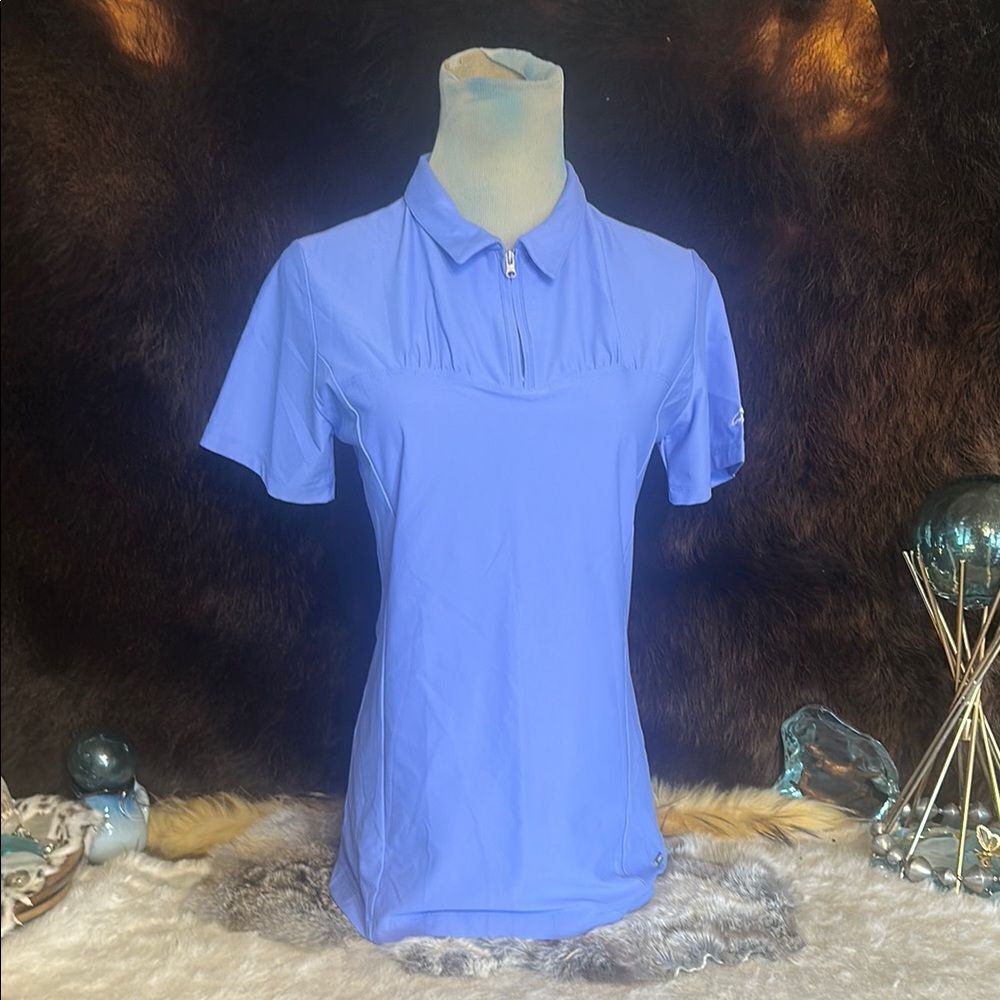 Blue Fitted Short Sleeve Button Down Polo Top M (6022A)
